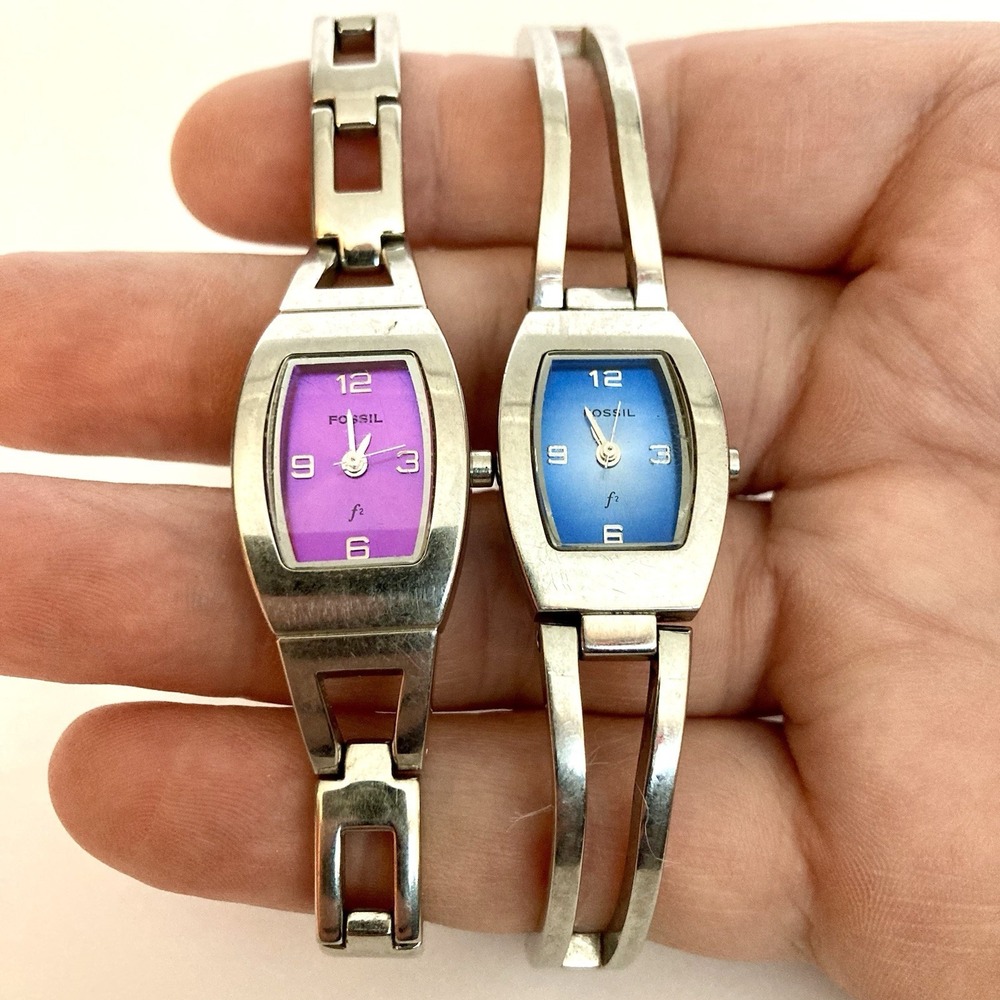 Fossil F2 Lot of 2 Womens Watches Silver Tone Bracelet Pink Blue ES-9422 ES-9609